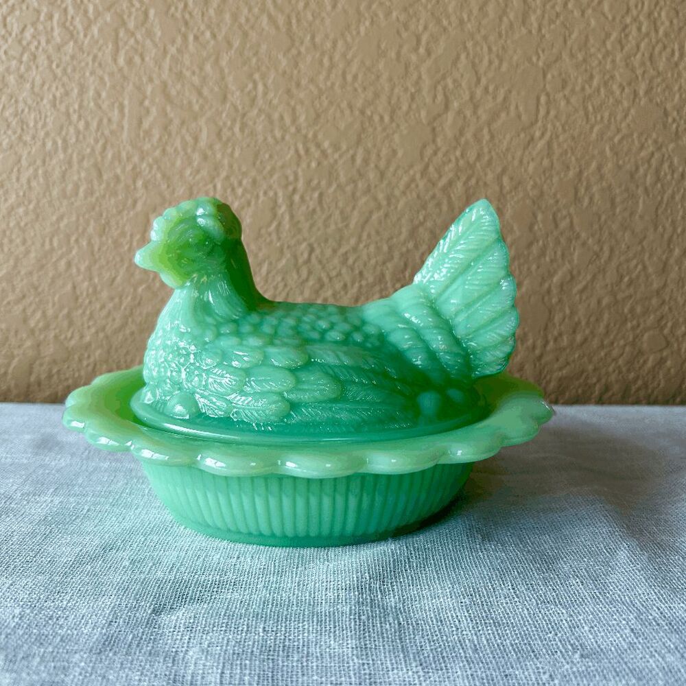 Vintage Mosser Glass Jadeite Covered Hen on Nest – USA Made